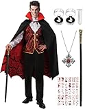 Velmawig Vampir Kostüm für Herren Renaissance Mittelalterliche Vampir Gothic Royal Cosplay Outfit Deluxe Halloween Kostüm mit Vampir Zähne Set Vampir Cane Halskette für Karneval VL039L