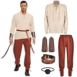 Herenear Herren Renaissance Viking Kostüm, Mittelalter Kleidung Herren, Renaissance Kostüm Set mit Mittelalter Hemd, Piratenhemd Hose, Gürtel, Handgelenkschützer, Piratenflicken