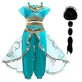 Emin Mädchen Jasmin Prinzessin Kostüm mit Perücke Aladdin Prinzessin Verkleidung Kinder Prinzessin Kleid Weihnachten Geburtstag Party Halloween Karneval Cosplay Verkleiden