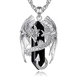 INFUSEU Drachen Kette, Kristall Halskette Nordischer Drache Eingewickelt Zylinder Edelstein Schwarzer vintage Obsidian Anhänger Sechseckiger Heilkristall Gothic Geschenk für Männer Frauen