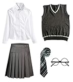 FStory&Winyee Zauberer Set Bluse Rock Weste Krawatte Brille Kostüm Zubehör für Kinder Erwachsene Zubehör Set Striped Tie Gestreifte Krawatte zum Karneval Fasching Halloween,2 Weiblich-grün,L