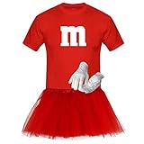 T-Shirt M&M + Tüllrock Karneval Gruppenkostüm Schokolinse 8 Farben Herren XS-5XL Fasching Verkleidung M's Fans Tanzgruppe , Gr.:M, Farbauswahl:rot - Logo weiss (+Handschuhe weiss/Tütü rot)