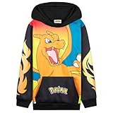 Pokemon Hoodie Jungen, Warmer Kapuzenpullover mit Bündchen & Kängurutasche - Pikachu Geschenke für Jungs (Schwarz/Orange Glurak, 9-10 Jahre)