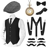Alintor 20er Jahre Kostüm Herren, Faschingskostüme Männer, Peaky Blinders Kostüm, Mafia Karneval Kostüm Herren, 20er Jahre Accessoires Panamahut Taschenuhr Fliege Hosenträger Herren Kostüm Set