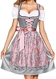 AMZHOTER Dirndl Damen midi Trachtenkleid Trachtenmode Trachtenrock Kleid inkl. Dirndlbluse Dirndlschürze 3 teilig für Oktoberfest Besondere Anlässe Grau 42