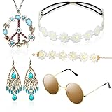 Hippie Kostüm Set mit Sonnenbrille, 5 Stück Hippie Kleidung Damen Herren Accessoires, 60er 70er Jahre Bekleidung, Abba Kostüm - Friedenszeichen Halskette Und Ohrring (türkisfarbener/böhmen Stil)