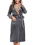 Marvmys Bademantel Damen Langarm Fleece Morgenmantel mit Leopardenmuster Schalkragen Frauen Flanell Saunamantel Flauschig Kimono Robe mit Taschen und Bindegürtel L dunkelgrau+gelbes Leopardenmuster