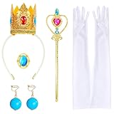 Prinzessin Kostüm Zubehör, 5 Stück Prinzessin Zubehör Set mit Prinzessinen Krone, Weiße Satin Prinzessinnenhandschuhe, Brosche, Ohrringe, Zauberstab, für Frauen Mädchen Karneval Halloween Cosplay