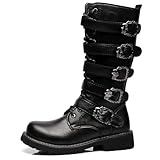 DJFOG Herren-Punk-Rock-Motorradstiefel, Retro-Metallschnalle, mittelhohe Stiefel, Schnürstiefel, Militärstiefel, Schnürung, weiches Kunstleder, Starke Außensohle,Schwarz,43 EU