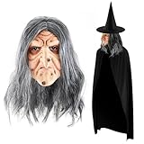 Suilung Halloween Hexe Cosplay Zubehör inklusive Alte Hexenmaske mit Perücken Schwarze Hexenhut Schwarzer Umhang mit Kapuze Vollkopf Gruselige Latexmaske Erwachsene für Halloween Karneval