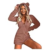 Onesie Damen Bär Fleece Jumpsuit Kurze Süße Einteiler Overall Warme Tier Pyjama Plüsch Schlafanzug Flauschig Weich Hausanzug Schlafoverall Mit Kapuze Reißverschluss Homewear Sportanzug Set