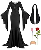 Geplaimir Halloween Kostüm für Damen Gothic Lang Kleid, Perücke Schwarze mit Wig Cap Künstliche Rote Rosen Hexenkostüm Karneval Party Cosplay G077L
