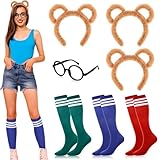Puedno 7 Stück Streifenhörnchen Kostüme Set, 3 Paar kniehohe Socken 3 Stk Streifenhörnchen Ohren Stirnband und 1 Stk Runde Brille für Erwachsene Teenager