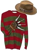 Dreamzfit Albtraum auf ELM Street Halloween-Kostüm für Herren, Horror-Kostüm, gruseliges Kostüm für Erwachsene, grün und rot gestreift, Pullover, Hut und Krallenhandschuh, Freddy Krueger,