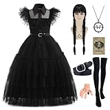 Velmawig Mittwoch Kostüm Kleid Mädchen Wed Kostüm mit Händchen Haarnadel Perücke Prinzessin Schwarz Kleid Halloween Karneval Familie Cosplay Kostüm für Mädchen 3-14 Jahre VL038XL