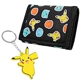Pokemon Geldbeutel Kinder Jungen und Mädchen Cute Wallet Geldbörse Jugendliche mit Kartenfächern Münzfach und Schlüsselanhänger für Kinder (Schwarz/Gelb)