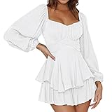 weißes Kleid Piratenkostüm Damen Off Shoulder Strampler Kleid Einfarbige Langarm Rüschen Jumpsuit Shorts Elegant Chiffon Minikleid Kurz Boho Overalls Sommer Caual Playsuit Karneval Kostüm