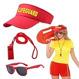 EUPSIIU 3 Stück Lifeguard Set Fasching Kostüm Karneval Verkleidung Rettungschwimmer, Rot Lifeguard Visor Cap Sonnenbrille Herren Damen Kostüm Mit Kunststoff-Sportpfeifen für Rettungsschwimmer