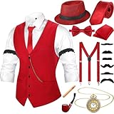 20er Jahre Herren Accessoires mit Weste Fedora Hut Taschenuhr Fliege Krawatte Hosenträger und Requisit (Weinrot, M)