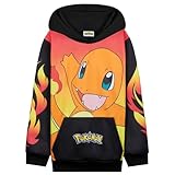 Pokemon Hoodie Jungen, Warmer Kapuzenpullover mit Bündchen & Kängurutasche - Pikachu Geschenke für Jungs (Schwarz/Rot Glumanda, 7-8 Jahre)