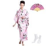 KRUIHAN Japanischer Kimono Frauen Yukata Robe Satin Morgenmantel Japanischer Kleider für Frauen,Party Fancy Dress Cosplay Kostüm Set mit Faltfächer Tabi Socken,Stil A-Rosa-F
