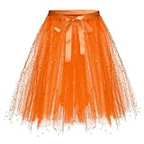 Karneval Tüllrock Damen Erwachsene Glitzernder Tütü Röcke Puffy 80er Tüll Unterrock Minirock Petticoat Tanzkleid Adult Teen Dehnbaren Tutu Rock Erwachsene Ballettrock Tüllrock für Party (Orange, S)