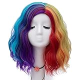 NiceLisa Frauen Regenbogen 16 Zoll Mittellanges Wasser Welle Regenbogen Bunte Mode Tägliche Cosplay Perücke