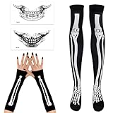 Halloween Netzstrumpfhose Schwarz, Skelett Strumpfhose Damen, Skelett Halloween Kostüm Damen, 2 x Halloween Tattoo Gesicht Skelett, Skelett Handschuhe Armlinge, für Halloween, Karneval, Mottoparty