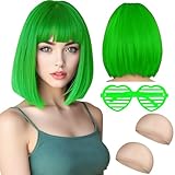 Perücke Grün Damen Fasching Kurz, Grüne Wig Mit Brille und Haarnetz für Perücken, Kurzhaarschnitt Damen und Perücken, Perrücke Frauen 80er Damen, Bob Perücke für Karneval Fasching Cosplay Kostüm