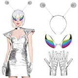 QIMMU 3 Stück Alien Kostüm Set,Alien Kostüm Damen Space Kostüm,Alien Space Karneval Costume Accessoires,Alien Haarreif,Alien Brille,Alien Silberne Handschuhe,für Damen Karneval Cosplay Maskerade