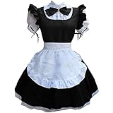 Lolita French Maid, Hausmädchen-Kostüm,Französisches Dienstmädchen-Kostüm, Kurzarm, Cosplay Kostüm, Kleid mit weißer Schürze und Fliege Dienstmädchen Vintage Französisch Uniform Plissee Kleider