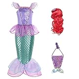 Timesun Meerjungfrau Prinzessin Arielle Kostüm Kleid Verkleidung mit Perücke Cosplay Party Verkleidung für Kinder Mädchen Größe 3-9 Jahre (Lila (mit Haarperücke und Handtasche), 120)