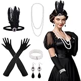 FEPITO 8 Stück 1920er Flapper Great Gatsby Accessoires Set Fashion Roaring 20er Themenset mit Stirnband Kopfschmuck Lange schwarze Handschuhe Halskette Ohrringe für Damen（Set B）
