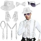 Ruikdly 6 Pcs Glitter Outfit Men,Disco Kostüm Herren With Pailletten HosenträGer,Glitzer Krawatte Herren, Fliege, Hut Disco,Handschuhe,Karneval GläSer for Carnival Fancy Dress Theme Party