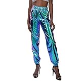 Damen Metallic Hose Glänzend Wetlook Cargohose Sporthose 80er Jahre Kleidung 90er Jahre Outfit Hologramm Hip Hop Leggings Jogginghose Sweathose Tanzhosen Party Disco Nachtclub Clubwear Blau XL