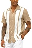 CTU Bowling-Shirt für Herren, Vintage-Stil, Baumwoll-Leinen, Strand-Shirt, kurzärmelig, Knopfleiste, Sommer-Top, beige, XL