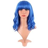 MapofBeauty 14 Zoll/35 cm Kurze Gewellte Lockige Frauen Frische Helle Synthetische Gewöhnliche Flache Pony Bob Perücke (Blau)