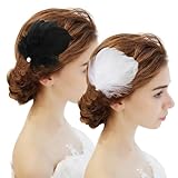MWOOT 4 Stück Weiß Schwarz Feder Haarspangen, Weißer Schwan Feder Kopfschmuck Ballett Haar Accessoires für Frauen Mädchen, Weiße Perle Haarteil für Karneval Kostüm, Braut Hochzeit Cosplay Party