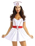 iEFiEL Krankenschwester Kostüm für Damen und Mädchen Halloween Karneval Fasching Kleid V-Ausschnitt Minikleid Tütü mit Haube Verkleidung Weiß M