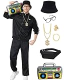 Ezuwail 80er Kostüme Herren Halloween Karneval Kostüme 80er 90er Hip Hop Outfit 80er Retro Trainingsanzug Party Outfit Jogginganzug Herren 9Stk (Schwarz/XL)