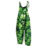 RMBLYfeiye Latzhose Karneval Jumpsuit Pailletten Thermo Jumpsuit Damen Kleeblatt Druck St Patricks Day Kostüm Spaghetti Jumpsuit Wide Leg Playsuit Ärmelloser Jumpsuit Onesie Karneval (Armeegrün, 3XL)