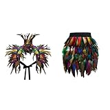 Gothic Federrock + Federschal 2-teiliges Set Pfau Kostüm Damen Pfauenfedern Outfits Karneval Kostüm Damen Bühnenkostüme Ballkleid Damen Rock Minirock für Cosplay-Party (Multicolor Skirt+Scarf, XXXL)