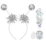 Aurasky Alien Haarreif, Space Girl Haarreif mit 2 Glitzerkugeln Silber und Holografischer Glitter, Alien Kopfschmuck, Haarreif Galaxy, Alien Accessoires für Karneval Fasching Halloween Party