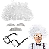 BTHRORO Opa Kostüm Set, Kostüm Professor Verrückter Professor Wissenschaftler Perücke Nerd Brille Bart Augenbrauen Alter Großvater Cosplay Zubehör Einstein Kostüm für Karneval Halloween
