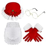 HOWAF Weihnachtsmann Kostüm Damen, Weihnachtsmütze Nikolausmütze Erwachsene Handschuhe, Weihnachtsschürze, Weihnachtsmann Brille für Weihnachtsfrau Kostüm, Weihnachtskostüm, Karneval Fasching Kostüm