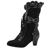 COOLCEPT Damen Vintage Viktorianische Stiefel Schnüren Bogen Mitte Blockabsatz Steampunk Stiefel Black Große 38