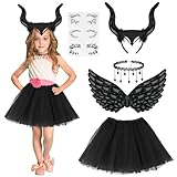 ACWOO Teufel Kostüm Mädchen, Malefi-cent Kostüm Mädchen, 5 Stück Königin Hörner Kostüm, Maleficent Karneval Kostüm Mädchen, Halloween Kostüm Damen Teufel für Halloween Karneval Fasching Cosplay Party