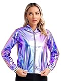 Aiihoo Damen Holographic Kostüm Glitzer Jacke Metallic Silber Langarm Bomberjacke Glitzer Oberteil Karneval Kostüm Rave Festival Outfit Blau M
