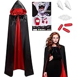 Winwild Halloween Vampir Kostüm - Doppelt SATIN Umhang mit Kapuze & Vampirzähne & Kunstblut,120/140/150 cm Halloween Umhang Vampir Rot Schwarz Cape Dracula Kostüm Erwachsene Damen Mädchen