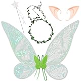 XIEXIESHER Feenflügel Kostüm Set, Feenflügel mit Elfenohren, Blumenkranz, Feenstab, Feenflügel Erwachsene, Schmetterlingsflügel Kinder für Weihnachts Karneval Geburtstags Cosplay Party(Grün)